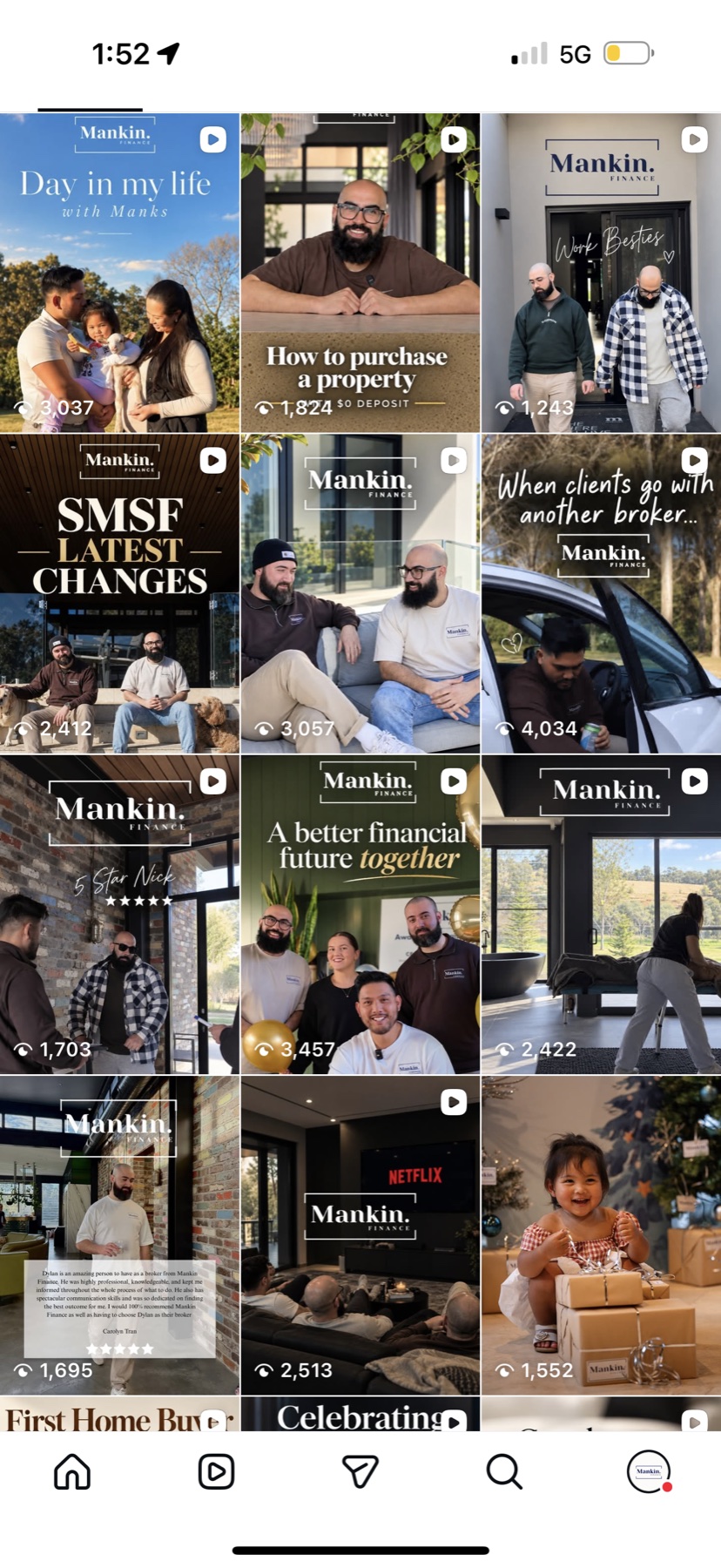 Mankin Finance Instagram feed showing a cohesive collection of branded social videos